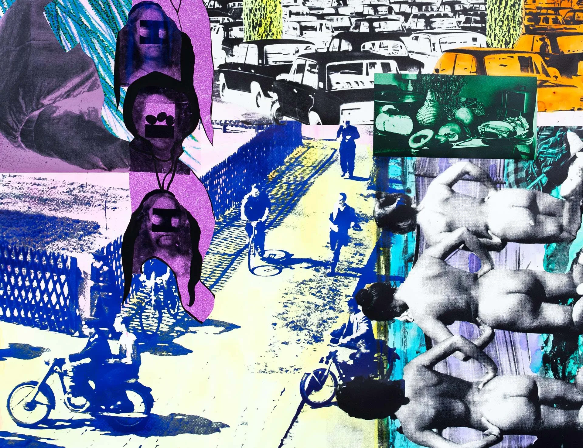 A collage featuring vintage cars, cyclists, and a motorcyclist in a busy street scene, superimposed with photos of sunglasses, fruit, and four nude figures lined up, all in vibrant, contrasting colors.