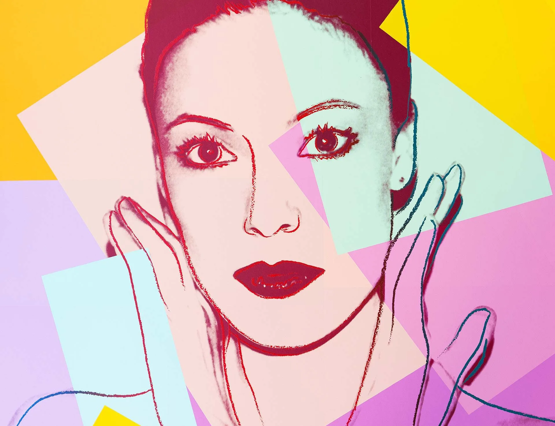 A pop art style portrait of a woman with red lips and accentuated eyes, holding her hands near her face, overlaid with vibrant geometric shapes in yellow, pink, purple, and blue.