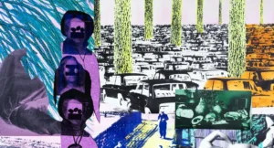 A colorful collage featuring black-and-white vintage cars, abstract figures with obscured faces, tall green columns, and assorted objects like fruit and vases, creating a surreal, layered composition.