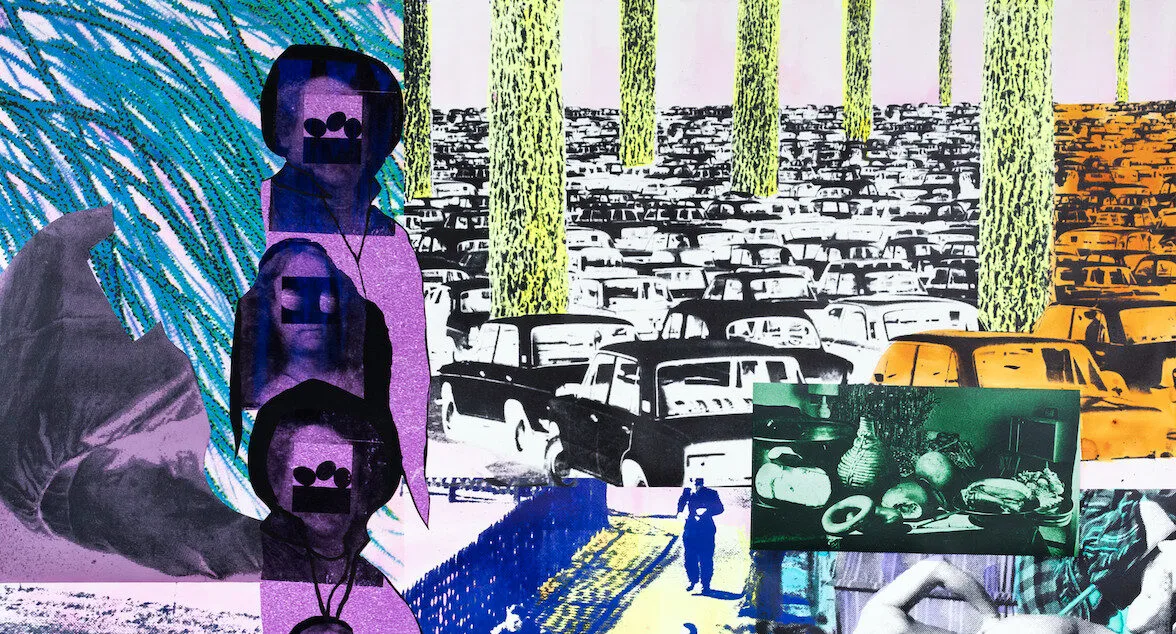A colorful collage featuring black-and-white vintage cars, abstract figures with obscured faces, tall green columns, and assorted objects like fruit and vases, creating a surreal, layered composition.
