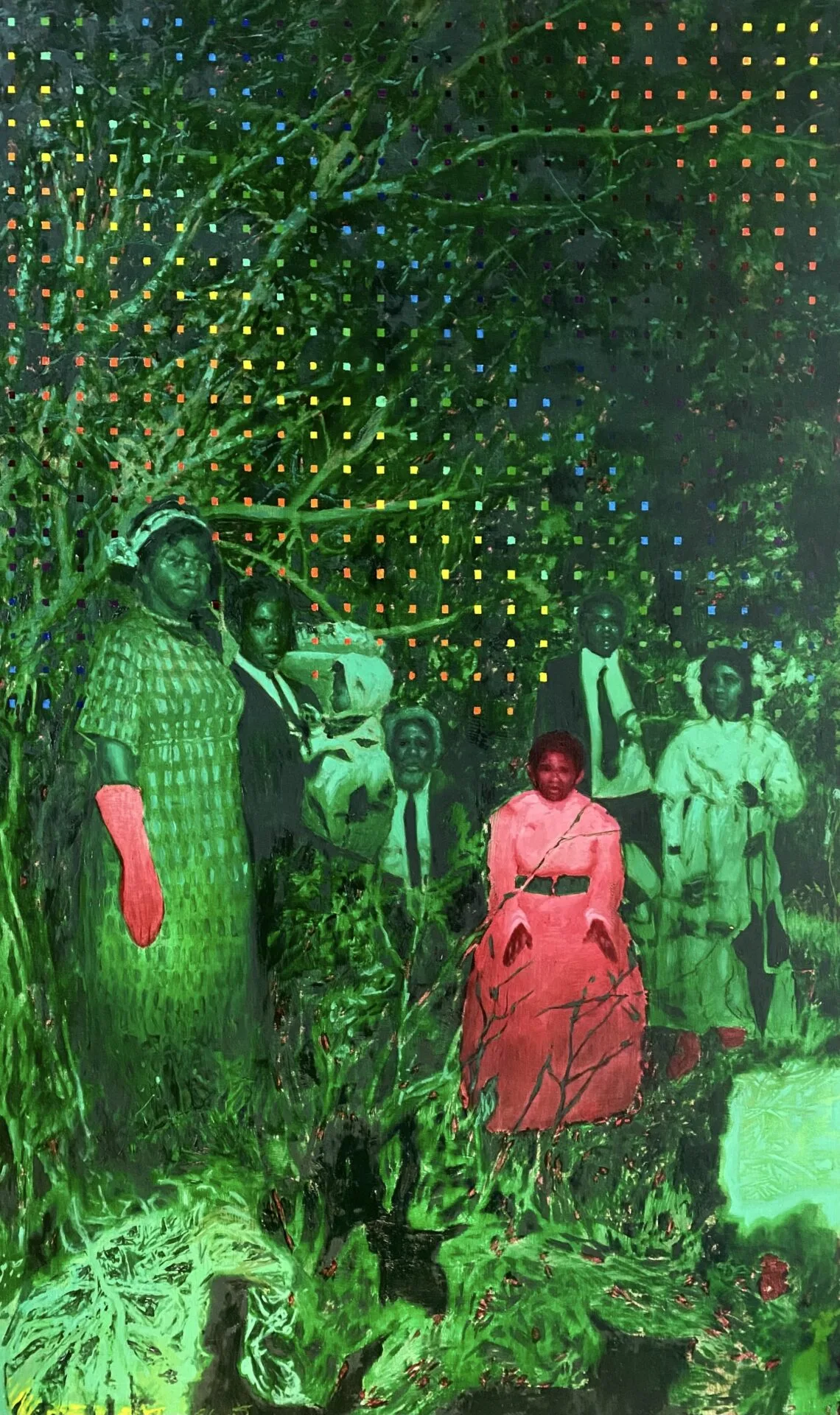 A stylized painting by Mare Martin features six people in formal clothing, tinted green and red, with trees behind them and a grid of colorful dots like stars or lights filling the image’s upper half.
