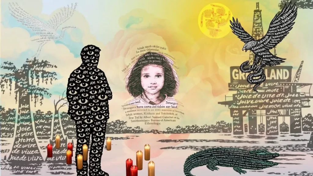 A digital collage by Mare Martin features a child’s face, a silhouetted figure, candles, text in various fonts, an alligator, an eagle with a coin, and a Groveland sign set against a colorful, dreamy background.