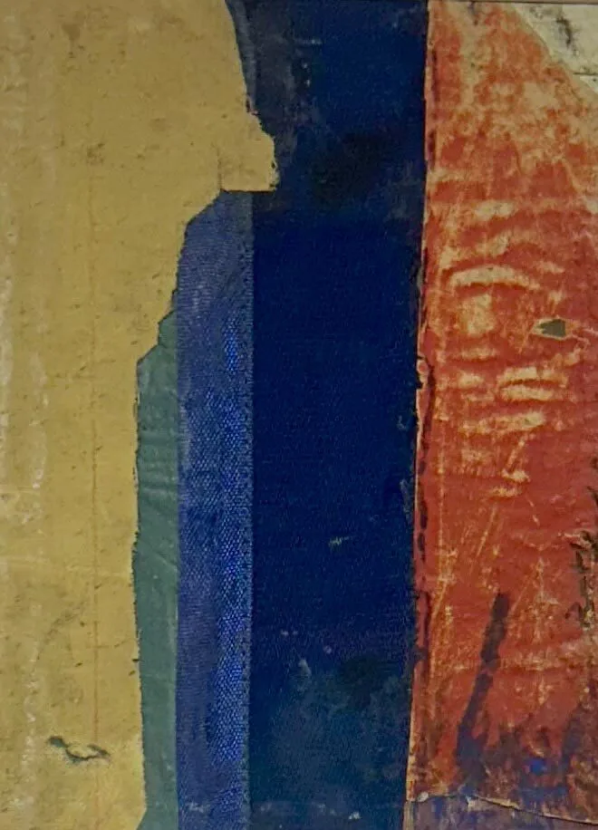 Abstract painting featuring three vertical segments: a rough yellow section on the left, a deep blue strip in the center, and a textured red-orange area on the right, with visible brushstrokes and color overlap.