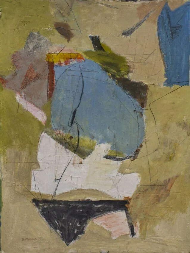 Abstract painting with a large blue oval shape at the center, surrounded by earthy green, tan, and beige tones, with bold black and white shapes, and expressive dark sketchy lines throughout.