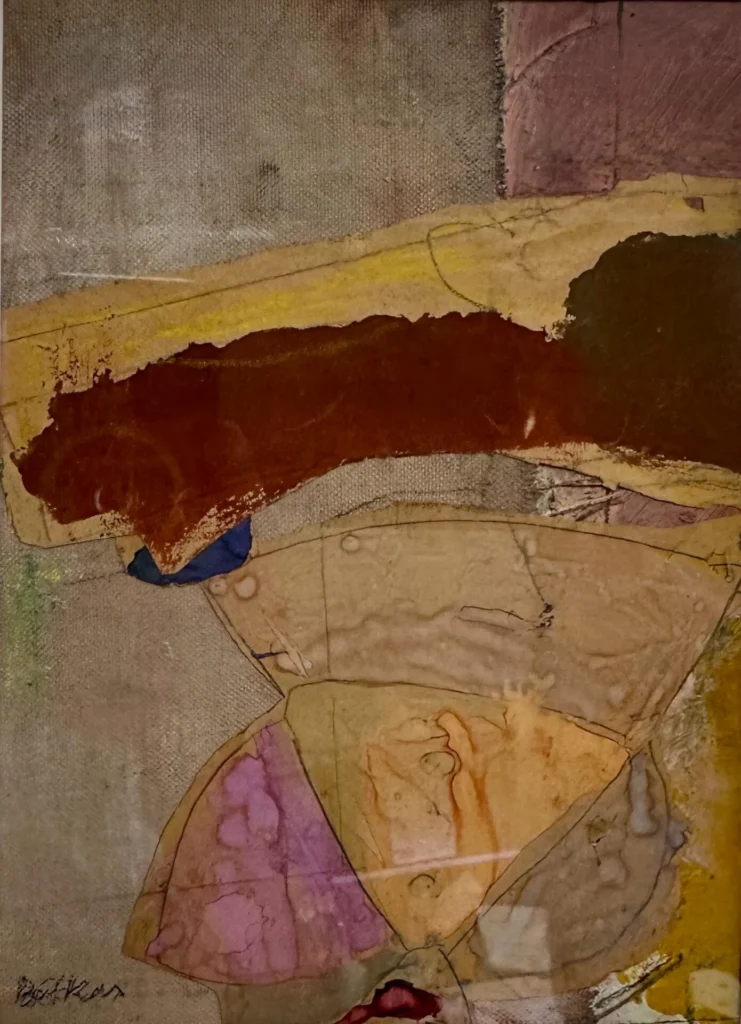 Abstract painting featuring overlapping, irregular shapes in shades of brown, yellow, tan, pink, and purple on a textured canvas. Some areas have visible brush strokes and stains, with faint signature in the lower left corner.