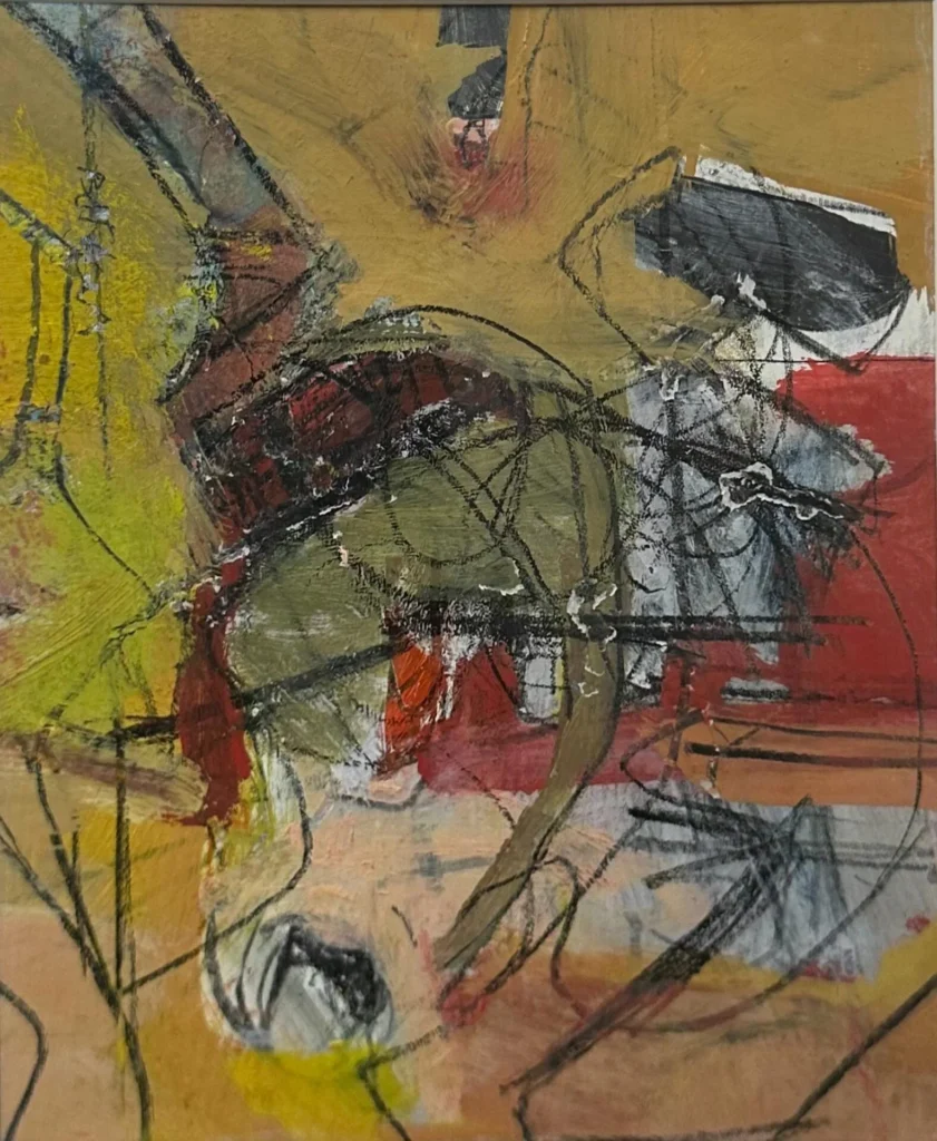 Abstract painting with bold strokes and splashes of yellow, red, black, and green. Jagged black lines crisscross over textured surfaces, creating a sense of chaotic movement and layered depth.
