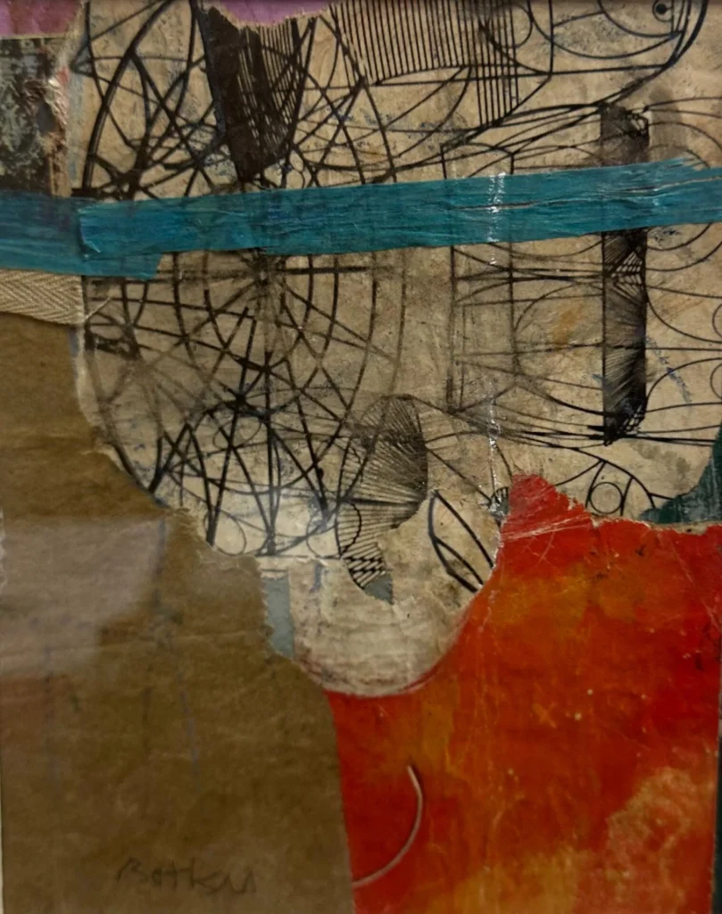 Abstract mixed media artwork featuring intersecting black lines forming geometric shapes on a textured, earth-toned background with patches of teal blue and bright orange. The composition is layered and visually dynamic.