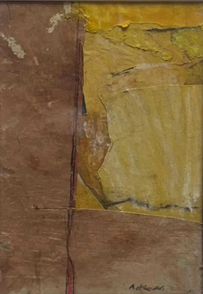 Abstract painting featuring overlapping rough textured shapes in earthy brown and yellow tones with visible seams and layered surfaces. A subtle red line runs vertically near the center. The artist’s signature appears at the bottom right.