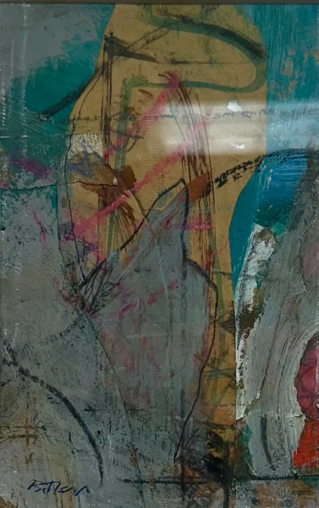 Abstract painting with layered brushstrokes in teal, gray, tan, and pink, featuring bold lines, textured areas, and overlapping shapes. The artist’s signature is in blue at the bottom left corner.