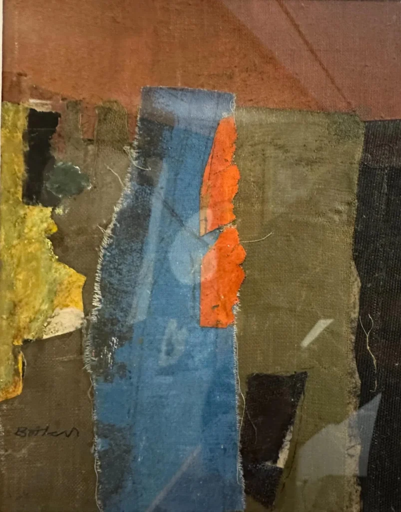 Abstract mixed-media artwork featuring textured fabric strips in green, blue, orange, black, and brown tones, with rough edges and layered sections. Fragmented shapes create a dynamic, visually tactile composition.
