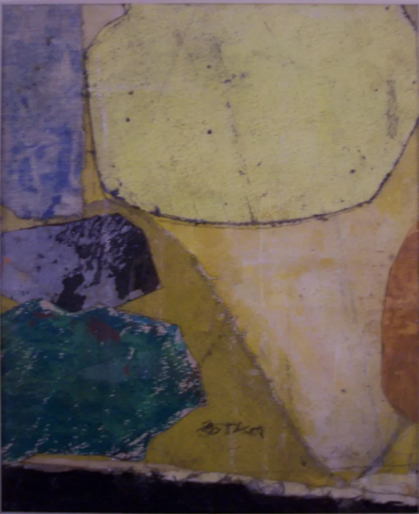 Abstract painting featuring large, irregular shapes in yellow, blue, green, and black tones, with textured surfaces and visible brushstrokes. The composition is non-representational and layered.