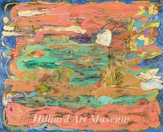 Abstract painting with swirling pink, green, and blue shapes, suggesting fish, water, and a faint human face in the top right. Hilliard Art Museum is written in white text at the bottom.