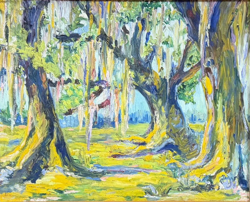 Colorful impressionist painting of a sunlit forest with large, twisting trees, thick trunks, and branches covered in green and yellow hues. Light filters through the foliage, creating a vibrant, dappled pattern on the ground.