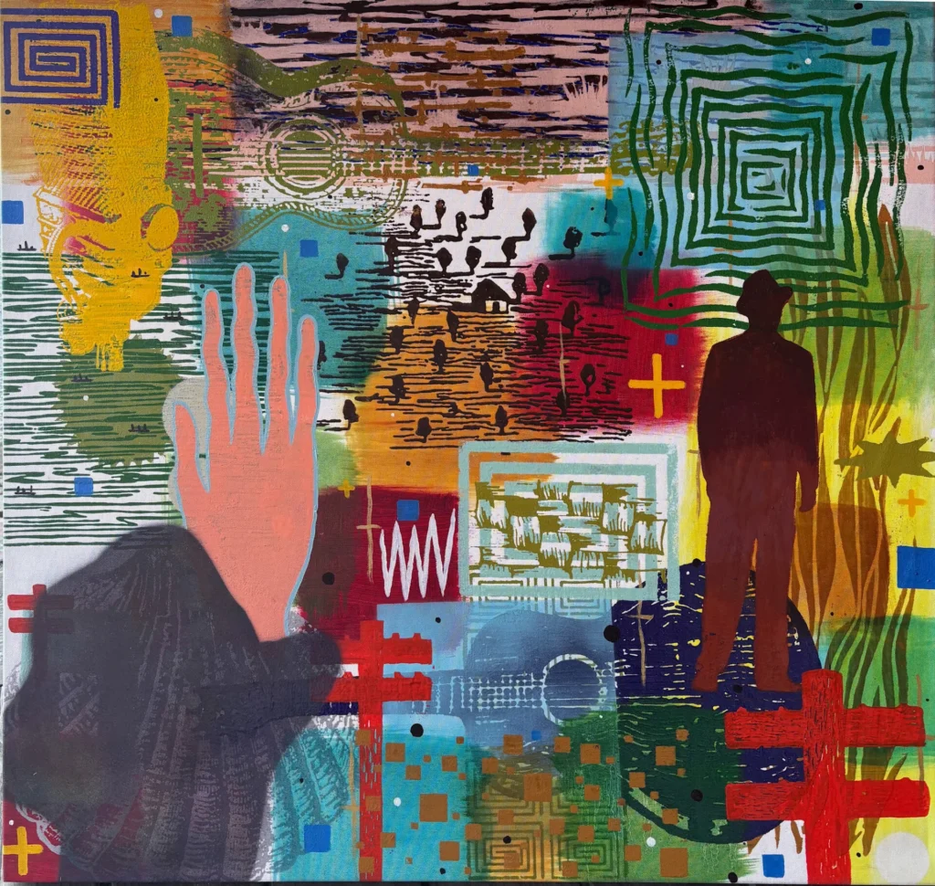 A colorful abstract painting featuring a raised hand in the foreground, a silhouette of a person in a hat, geometric shapes, patterns, symbols, and layered textures in vibrant hues of red, blue, green, and yellow.