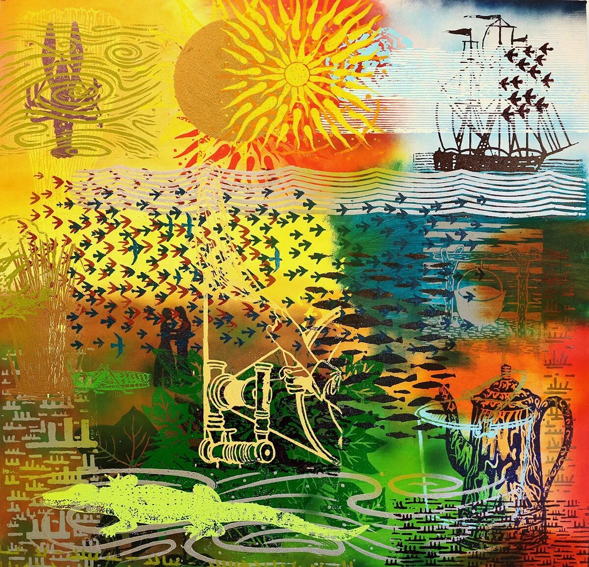A vibrant collage with a large sun, birds in flight, a sailing ship, a watering can, and abstract patterns in yellow, orange, green, and blue tones, evoking energy and nature.
