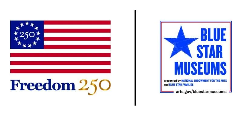 On the left, an American flag with 250 in the stars and Freedom 250 below. On the right, a blue star above Blue Star Museum branding, sponsor text, and a website link at the bottom.