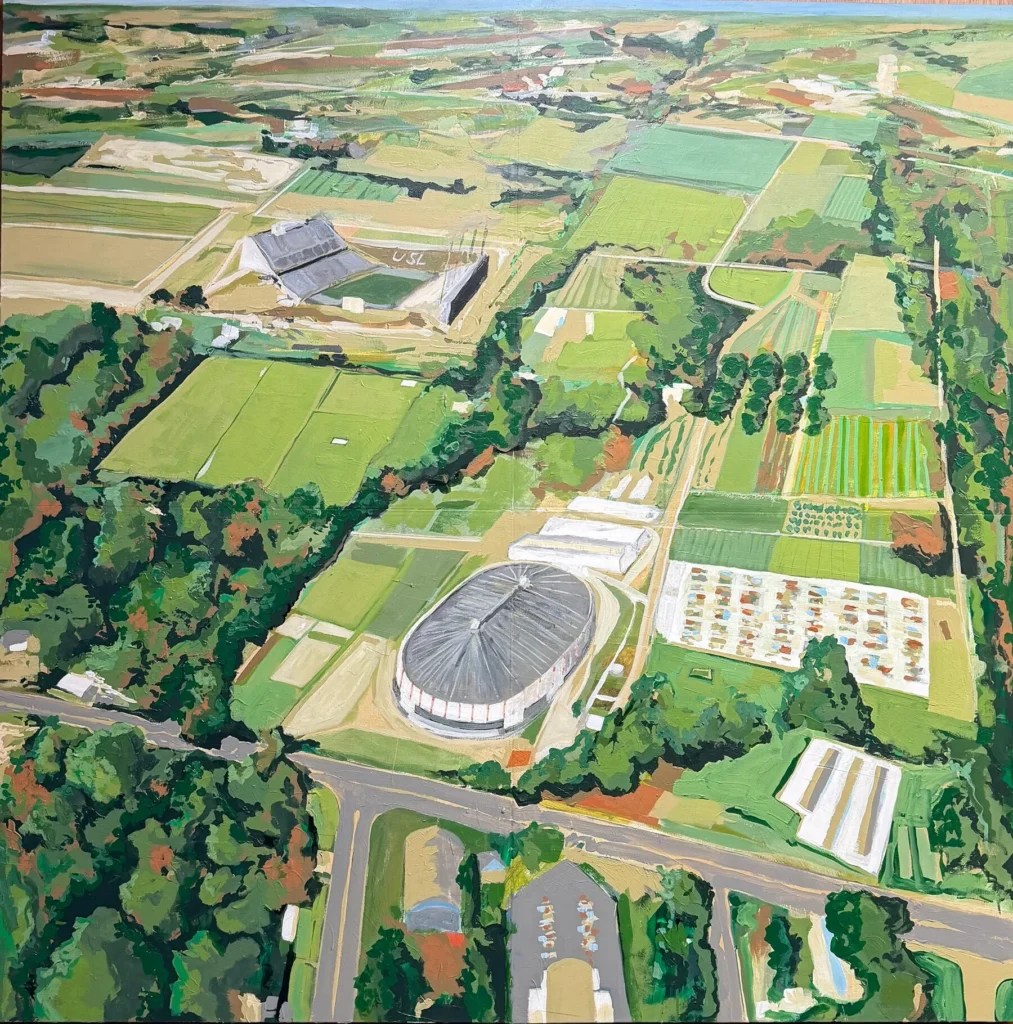A colorful aerial painting depicts a rural area with fields, greenhouses, trees, and two large stadiums, one circular and one open-air, surrounded by roads and scattered buildings.