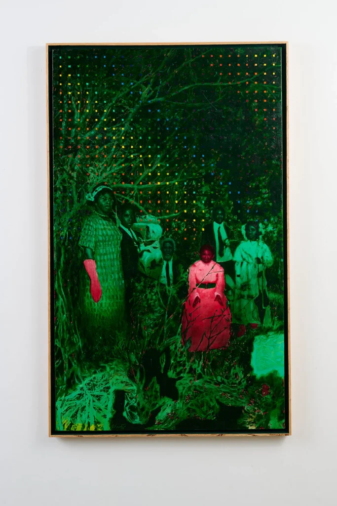A painting shows a group of people in old-fashioned clothing, mostly shaded in dark green hues. One seated figure in the center wears bright pink. The background has colorful dotted lights and tree branches.