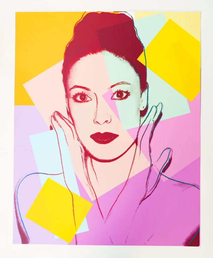 A colorful pop art portrait of a woman with red lips and hair up, framed by overlapping geometric shapes in yellow, pink, orange, purple, and blue on a white background.