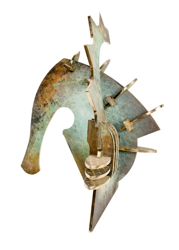 Abstract metal sculpture resembling a seahorse, constructed from intersecting, patina-covered flat metal pieces with geometric and organic shapes.
