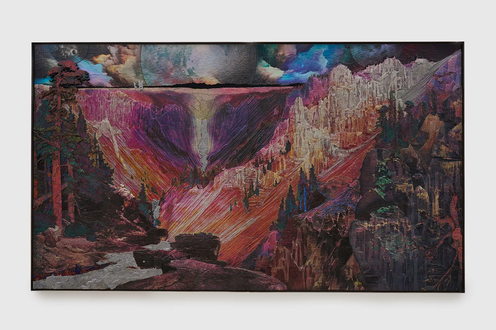 A vibrant, textured painting depicts a canyon landscape with colorful, layered cliffs, dark trees, and a dramatic sky with clouds in shades of purple, blue, and pink.