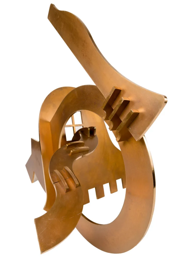 A modern abstract bronze sculpture inspired by Elemore Morgan Jr., with interlocking curved and angular shapes, featuring smooth and textured surfaces, creating a dynamic, flowing composition.