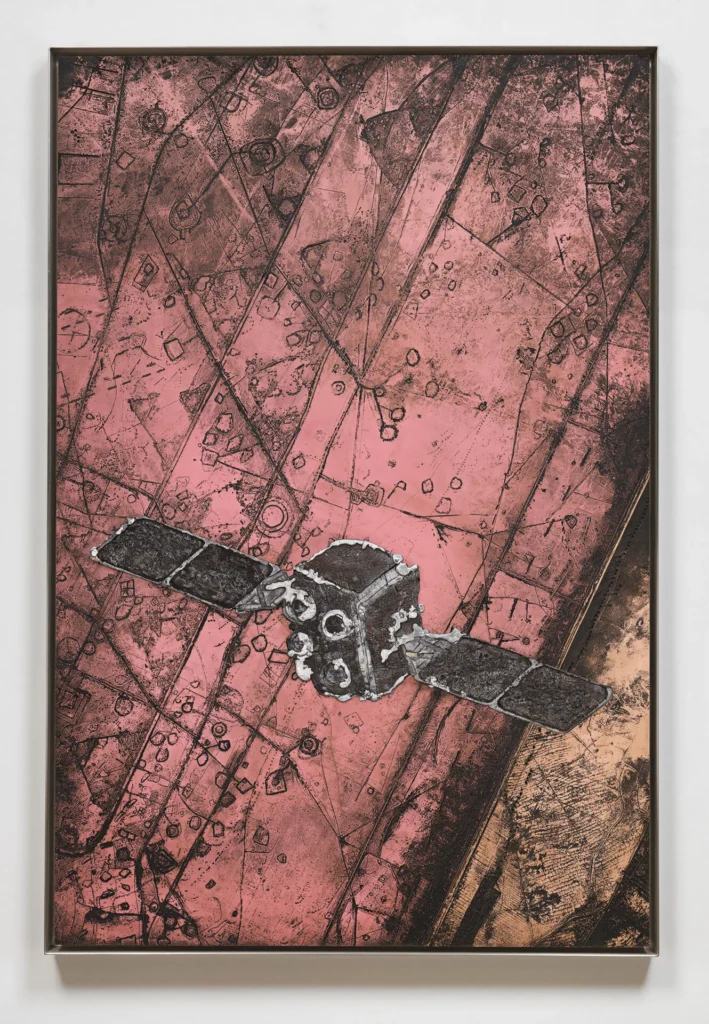 A satellite with two solar panels orbits over a textured, abstract landscape with shades of pink, brown, and black and etched geometric patterns.