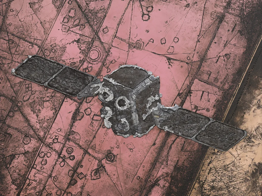 A stylized drawing of a satellite with two large solar panels or wings, depicted over a textured, abstract pink and brown background with geometric lines and shapes reminiscent of Matthew Day Jackson’s distinctive artistic style.