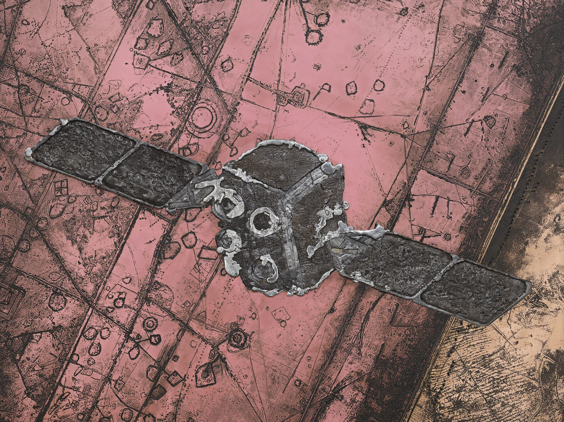 A stylized drawing of a satellite with two large solar panels or wings, depicted over a textured, abstract pink and brown background with geometric lines and shapes reminiscent of Matthew Day Jackson’s distinctive artistic style.