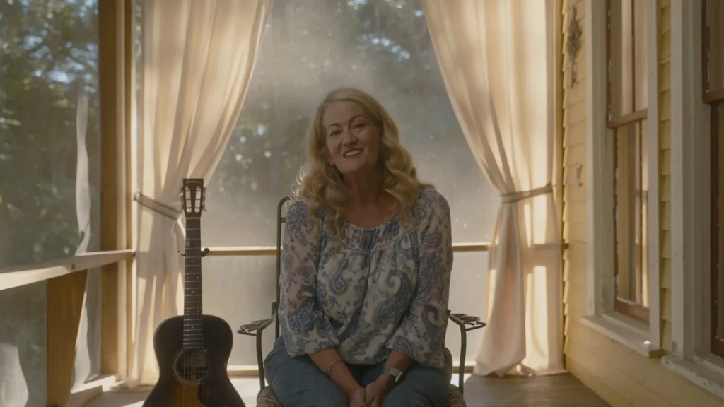 A smiling blonde woman sits on a chair on a screened-in porch next to an acoustic guitar by Elemore Morgan Jr.